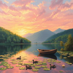 A beautifully detailed landscape painting capturing a serene sunset over a calm lake, surrounded by lush green forests and distant mountains