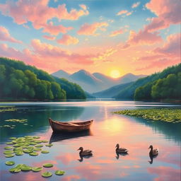 A beautifully detailed landscape painting capturing a serene sunset over a calm lake, surrounded by lush green forests and distant mountains