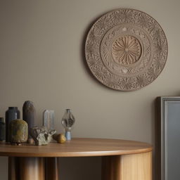 A charming scene showcasing intricate wall decor art elegantly displayed on a polished wooden round table.