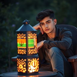A young man casually leans on a wooden chair with a relaxed demeanor