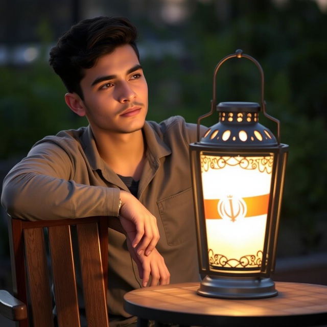 A young man casually leans on a wooden chair with a relaxed demeanor