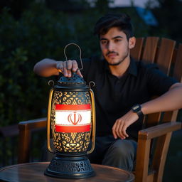 A young man casually leans on a wooden chair with a relaxed demeanor