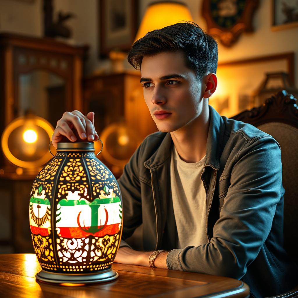 A young man with short, dark hair, dressed in casual modern clothing, leans against a stylish wooden chair in a softly lit room