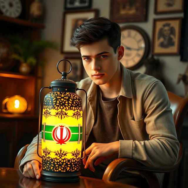 A young man with short, dark hair, dressed in casual modern clothing, leans against a stylish wooden chair in a softly lit room