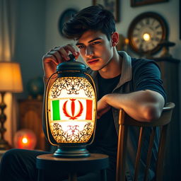 A young man with short, dark hair, dressed in casual modern clothing, leans against a stylish wooden chair in a softly lit room