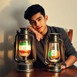 A young man with short dark hair leans casually on a wooden chair, a warm glow emanating from a vintage lantern placed in front of him