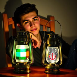 A young man with short dark hair leans casually on a wooden chair, a warm glow emanating from a vintage lantern placed in front of him