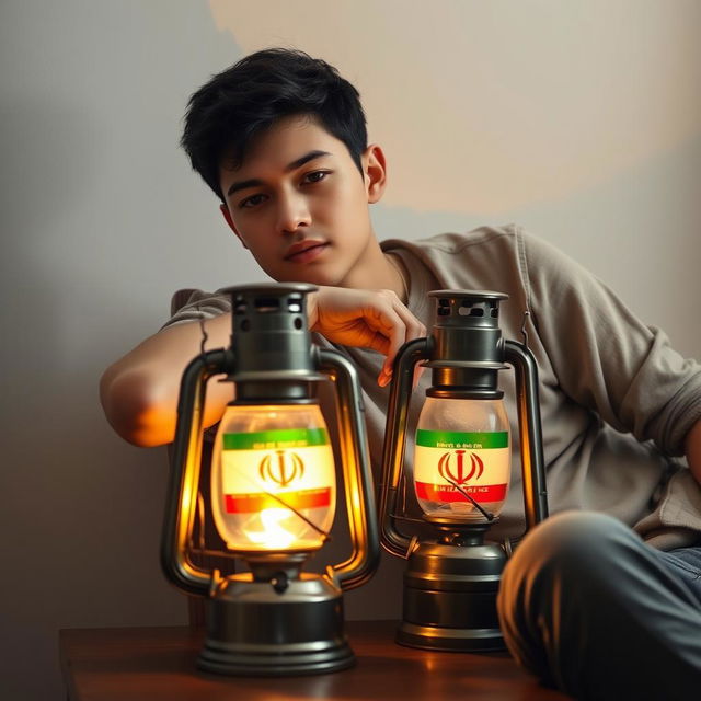 A young man with short dark hair leans casually on a wooden chair, a warm glow emanating from a vintage lantern placed in front of him