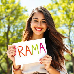 A vibrant and expressive portrait of a confident young woman with long, flowing hair, holding a piece of white paper that clearly displays the word 'RAMA' in bold, colorful letters
