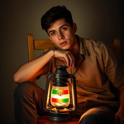 A young man with short dark hair leans casually on a wooden chair, a warm glow emanating from a vintage lantern placed in front of him