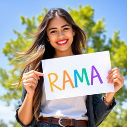A vibrant and expressive portrait of a confident young woman with long, flowing hair, holding a piece of white paper that clearly displays the word 'RAMA' in bold, colorful letters