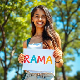 A vibrant and expressive portrait of a confident young woman with long, flowing hair, holding a piece of white paper that clearly displays the word 'RAMA' in bold, colorful letters