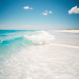 A scenic beach landscape during the day with bright turquoise water and soft white sand