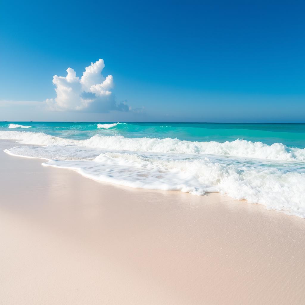 A scenic beach landscape during the day with bright turquoise water and soft white sand