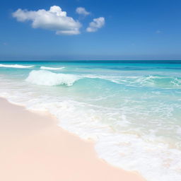A scenic beach landscape during the day with bright turquoise water and soft white sand