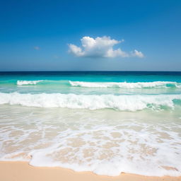 A scenic beach landscape during the day with bright turquoise water and soft white sand