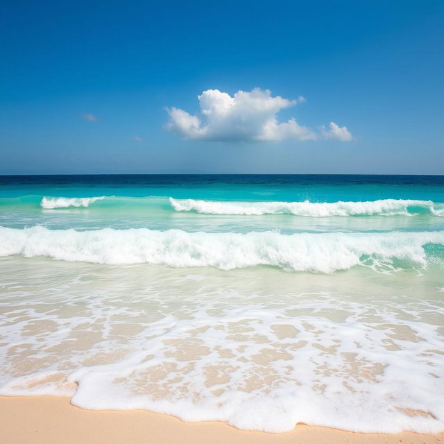 A scenic beach landscape during the day with bright turquoise water and soft white sand