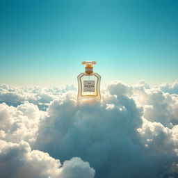 A luxurious perfume bottle placed majestically above fluffy, white clouds, illuminated by soft sunlight