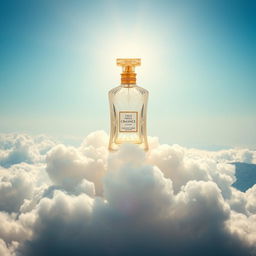 A luxurious perfume bottle placed majestically above fluffy, white clouds, illuminated by soft sunlight