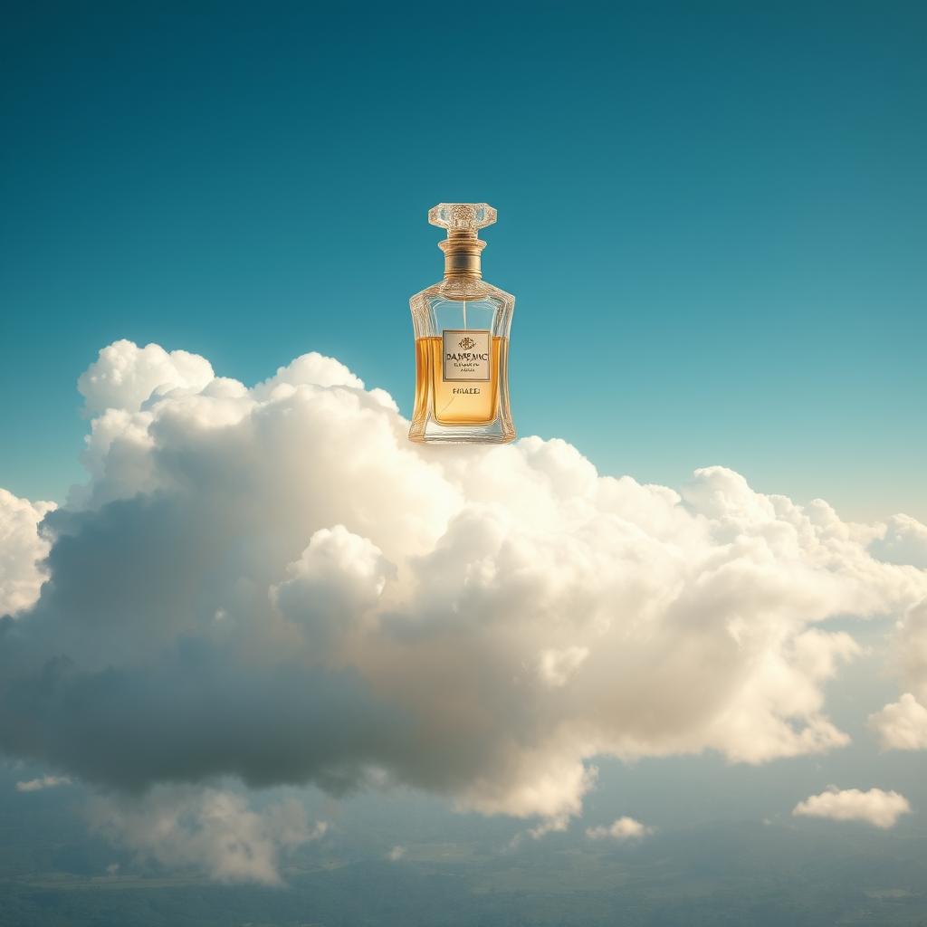 A luxurious perfume bottle placed majestically above fluffy, white clouds, illuminated by soft sunlight