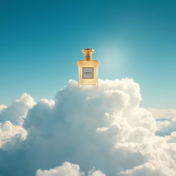 A luxurious perfume bottle placed majestically above fluffy, white clouds, illuminated by soft sunlight
