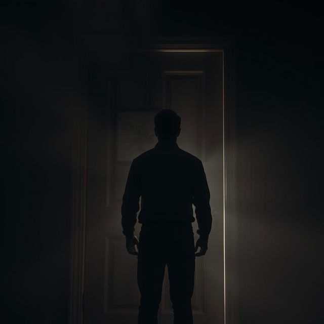 A mysterious scene depicting a man standing with his back to a vintage wooden door, with a dimly lit picture hanging on it