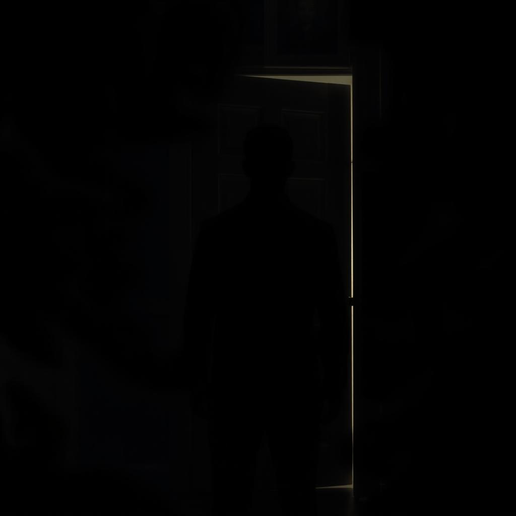 A mysterious scene depicting a man standing with his back to a vintage wooden door, with a dimly lit picture hanging on it