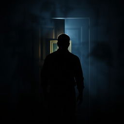 A mysterious scene depicting a man standing with his back to a vintage wooden door, with a dimly lit picture hanging on it