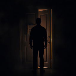 A mysterious scene depicting a man standing with his back to a vintage wooden door, with a dimly lit picture hanging on it