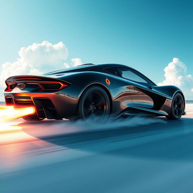 A sleek, futuristic sports car equipped with a rocket drive, showcasing aerodynamic designs and a vibrant color scheme