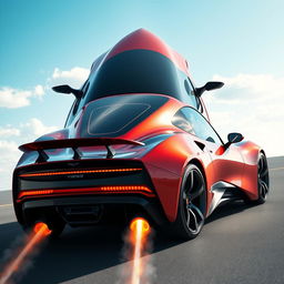 A sleek, futuristic sports car equipped with a rocket drive, showcasing aerodynamic designs and a vibrant color scheme
