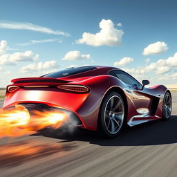 A sleek, futuristic sports car equipped with a rocket drive, showcasing aerodynamic designs and a vibrant color scheme