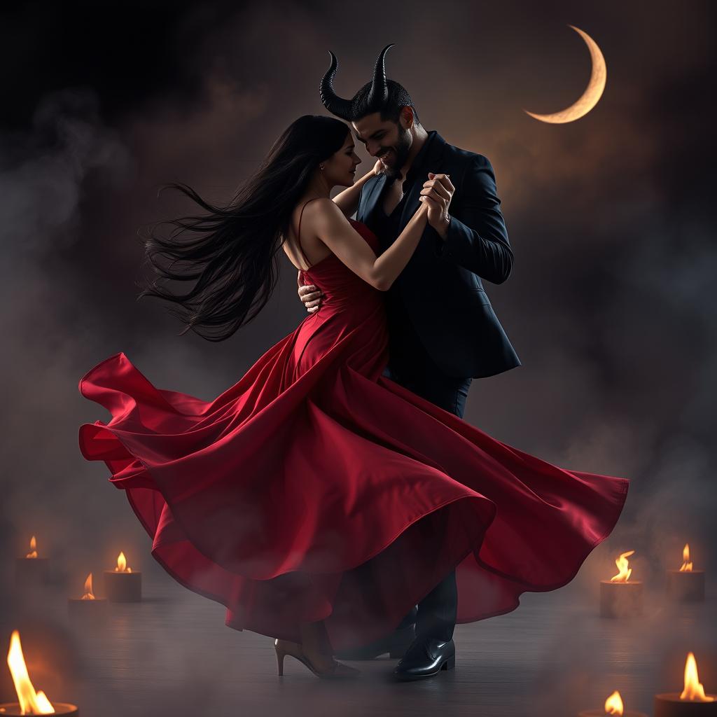 A captivating scene of a woman dancing gracefully in a dramatic setting with a seductive devil figure