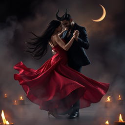 A captivating scene of a woman dancing gracefully in a dramatic setting with a seductive devil figure