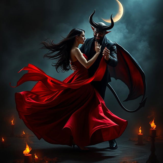 A captivating scene of a woman dancing gracefully in a dramatic setting with a seductive devil figure