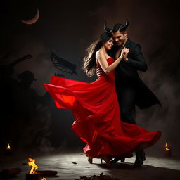A captivating scene of a woman dancing gracefully in a dramatic setting with a seductive devil figure