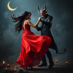 A captivating scene of a woman dancing gracefully in a dramatic setting with a seductive devil figure