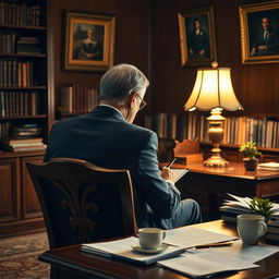 A politician is seated on a classic wooden chair, captured from the back view