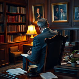 A politician is seated on a classic wooden chair, captured from the back view