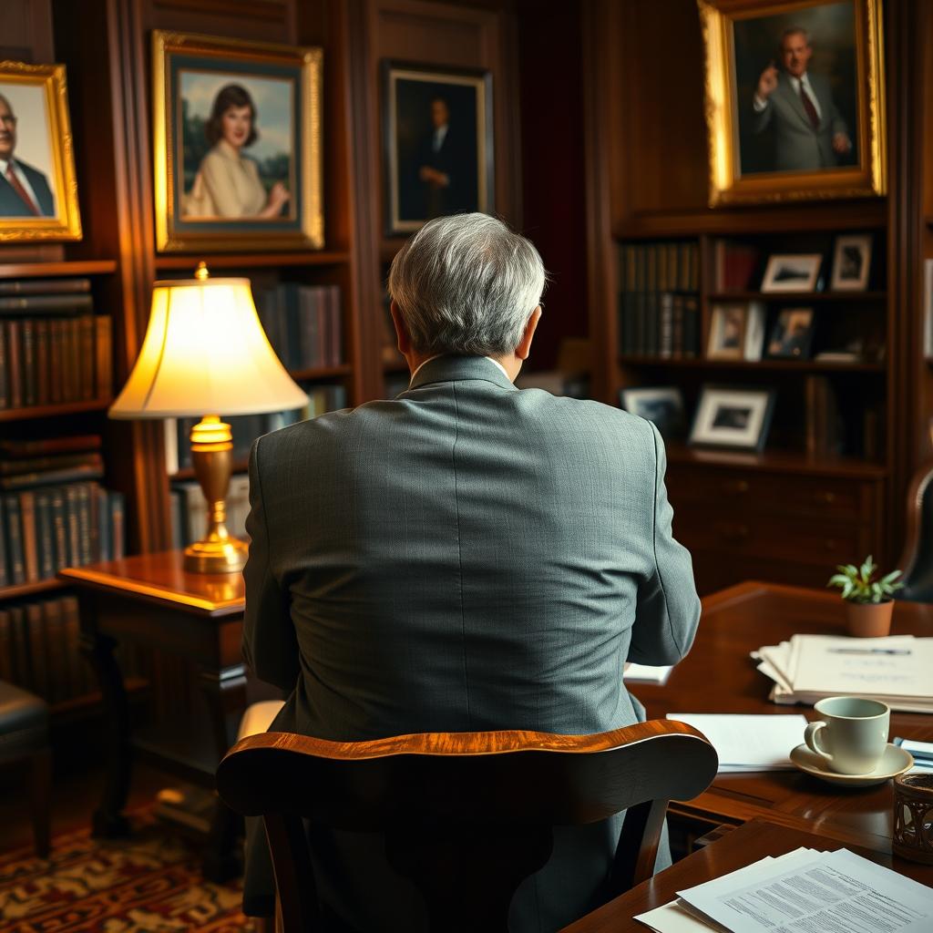 A politician is seated on a classic wooden chair, captured from the back view