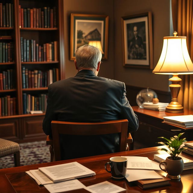 A politician is seated on a classic wooden chair, captured from the back view