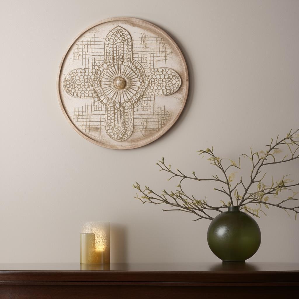 A charming scene showcasing intricate wall decor art elegantly displayed on a polished wooden round table.