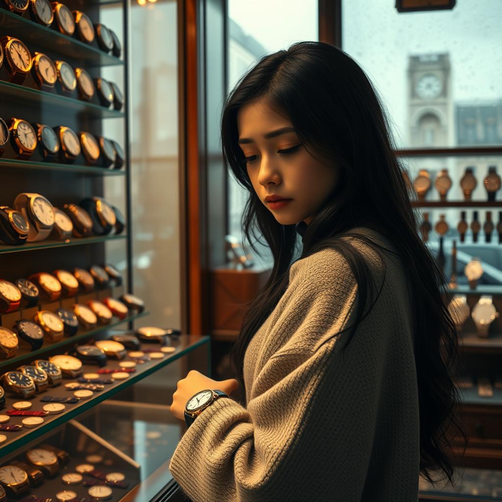 A sad girl standing in a watch shop, surrounded by an array of elegant and vintage timepieces