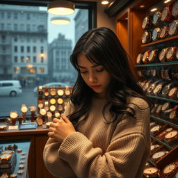 A sad girl standing in a watch shop, surrounded by an array of elegant and vintage timepieces