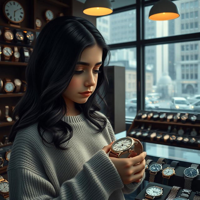 A sad girl standing in a watch shop, surrounded by an array of elegant and vintage timepieces