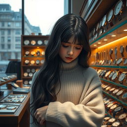 A sad girl standing in a watch shop, surrounded by an array of elegant and vintage timepieces
