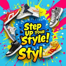 An eye-catching social media banner for a popular sneaker store, featuring a colorful and dynamic display of various trendy sneakers on a vibrant graffiti-style background