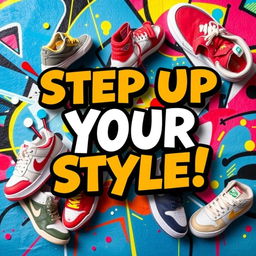 An eye-catching social media banner for a popular sneaker store, featuring a colorful and dynamic display of various trendy sneakers on a vibrant graffiti-style background
