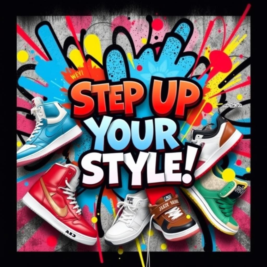 An eye-catching social media banner for a popular sneaker store, featuring a colorful and dynamic display of various trendy sneakers on a vibrant graffiti-style background
