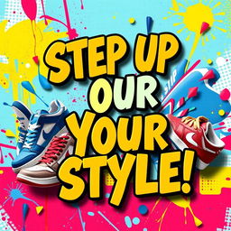 An eye-catching social media banner for a popular sneaker store, featuring a colorful and dynamic display of various trendy sneakers on a vibrant graffiti-style background